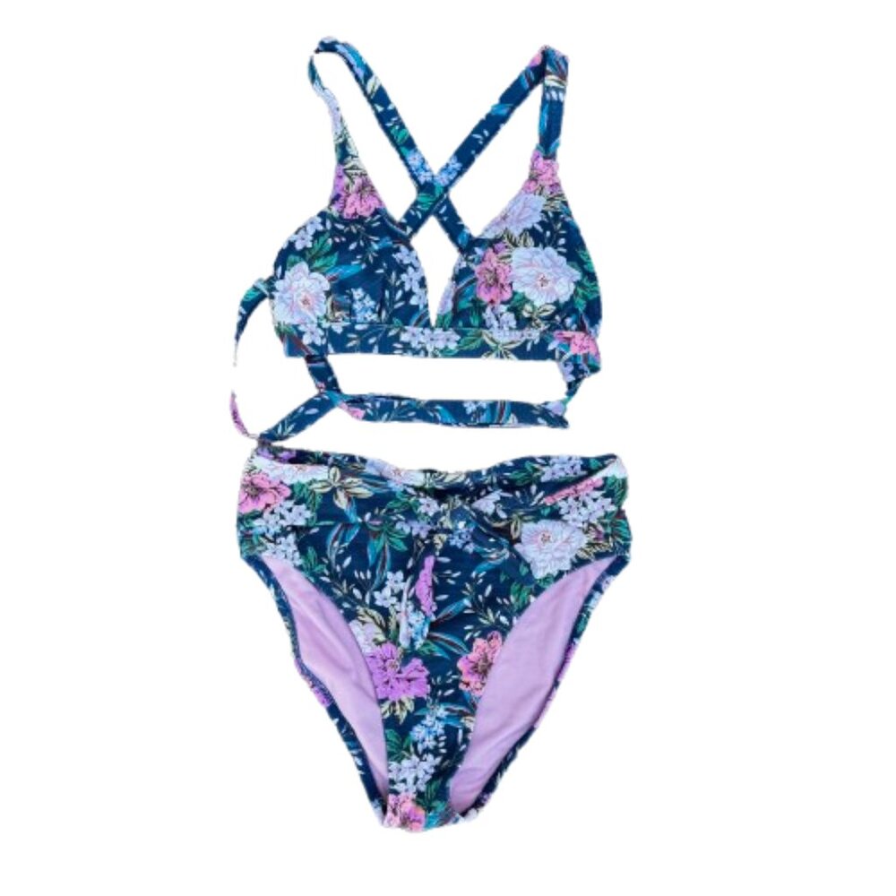 Jessica Simpson Bikini Swimsuit Small Teal Floral High-Waisted Removal Pads